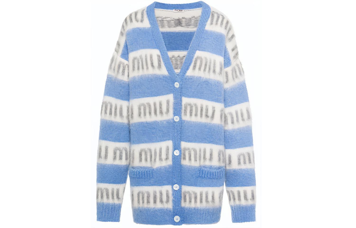 Order (W) MIU MIU Kardigan Knit Leret Biru Logo Butang Lengan Panjang MMF518-1ZAP-F0637