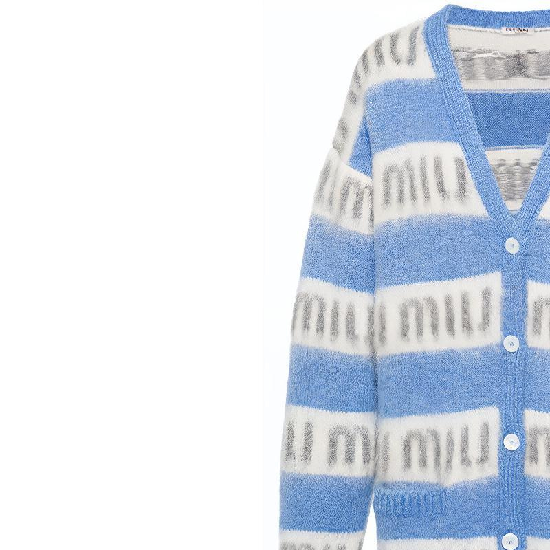 Details for (W) MIU MIU Kardigan Knit Leret Biru Logo Butang Lengan Panjang MMF518-1ZAP-F0637