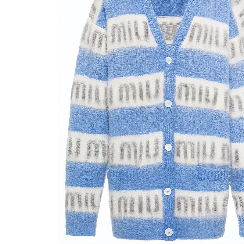 Sizing (W) MIU MIU Kardigan Knit Leret Biru Logo Butang Lengan Panjang MMF518-1ZAP-F0637