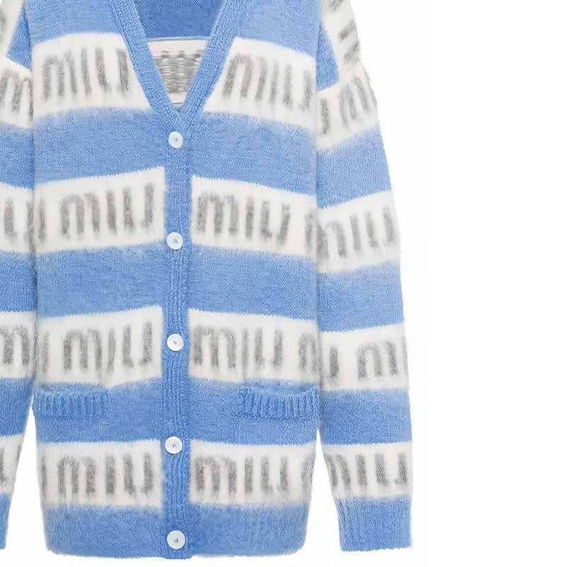 Cheap (W) MIU MIU Kardigan Knit Leret Biru Logo Butang Lengan Panjang MMF518-1ZAP-F0637