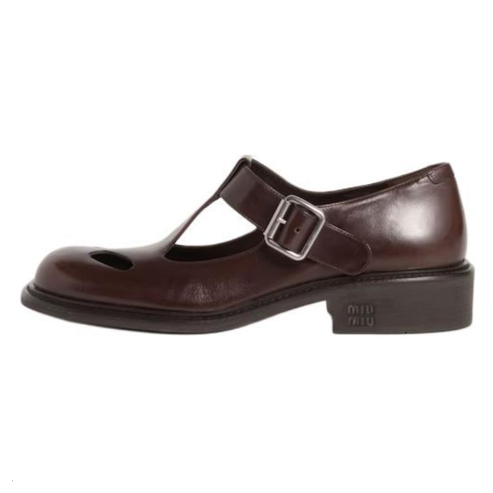 (Women) MIU MIU Brown Mary Jane Shoes with Metallic Buckle, 3cm Heel . 5E318E_007_F0003_F_G030