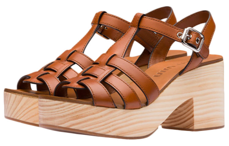 (W) MIU MIU Calf Leather High Heel Sandals 'Brown' 圖 2