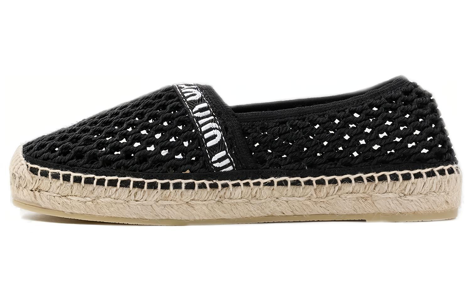 (W) MIU MIU Canvas Embroidered Logo Flats 'Black'