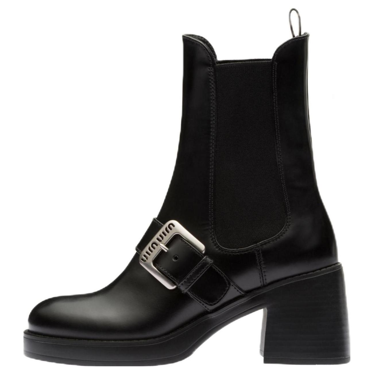(W) MIU MIU Chelsea Boots 'Black Logo Buckle'