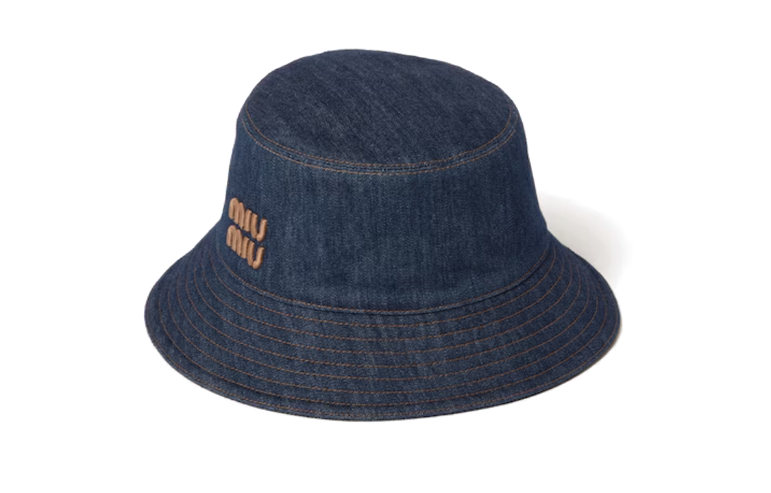 (Women) MIU MIU Contrast Embroidered Logo Fabric Bucket Hat  Blue 5HC196_AJ6_F0QV1