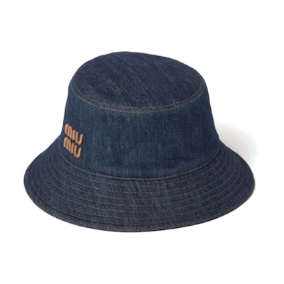 (Women) MIU MIU Contrast Embroidered Logo Fabric Bucket Hat Blue 5HC196_AJ6_F0QV1