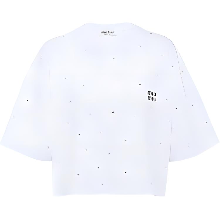 (Women) MIU MIU Embroidered Logo Crystal Decor Cropped T-Shirt White FW22 Women. MJN385-11EA-F0009