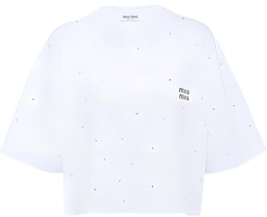 (Women) MIU MIU Embroidered Logo Crystal Decor Cropped T-Shirt White FW22 Women. MJN385-11EA-F0009 (Women) MIU MIU Embroidered Logo Crystal Decor Cropped T-Shirt White FW22 Women. MJN385-11EA-F0009