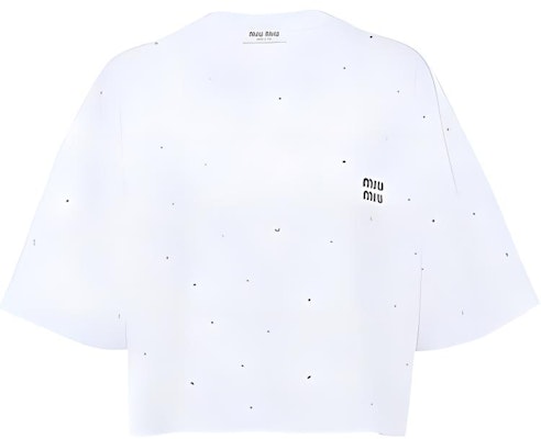 (W) 미우미우 자수 로고 크리스탈 장식 크롭 티셔츠 화이트 FW22 여성. MJN385-11EA-F0009 Buy (W) 미우미우 자수 로고 크리스탈 장식 크롭 티셔츠 화이트 FW22 여성. MJN385-11EA-F0009