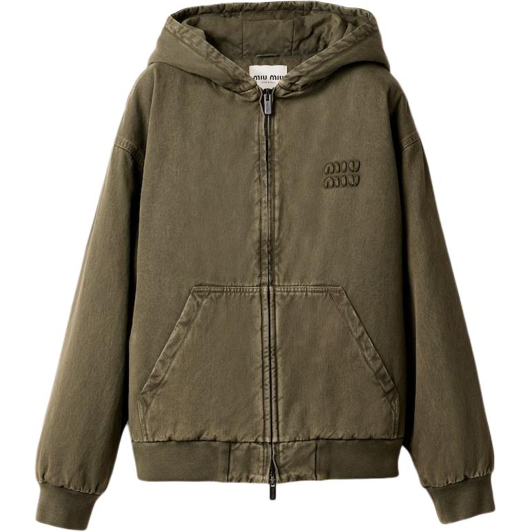 (Women) Miu Miu Embroidered Logo Dyed Olive Green Long Sleeve Jacket for Women ML1016-135Q-F0393-S-OOO