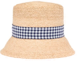 (Women) MIU MIU Embroidered Logo Plaid Bucket Hat Natural/Blue Accessories 5HC307-2F8I-F075R (Women) MIU MIU Embroidered Logo Plaid Bucket Hat Natural/Blue Accessories 5HC307-2F8I-F075R