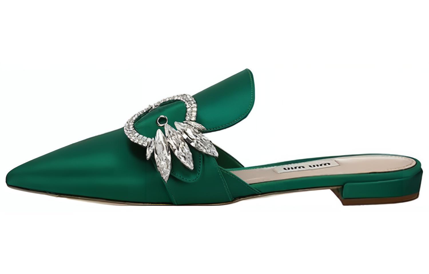 (W) MIU MIU Flat Fashion Slide 'Green Leather'