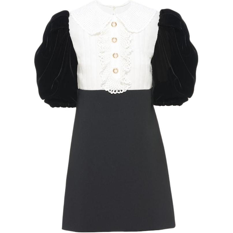 (Women) MIU MIU FW21 Black Cashmere Crochet Puff Sleeve Mini Dress. MF4304-1TF6-F0002