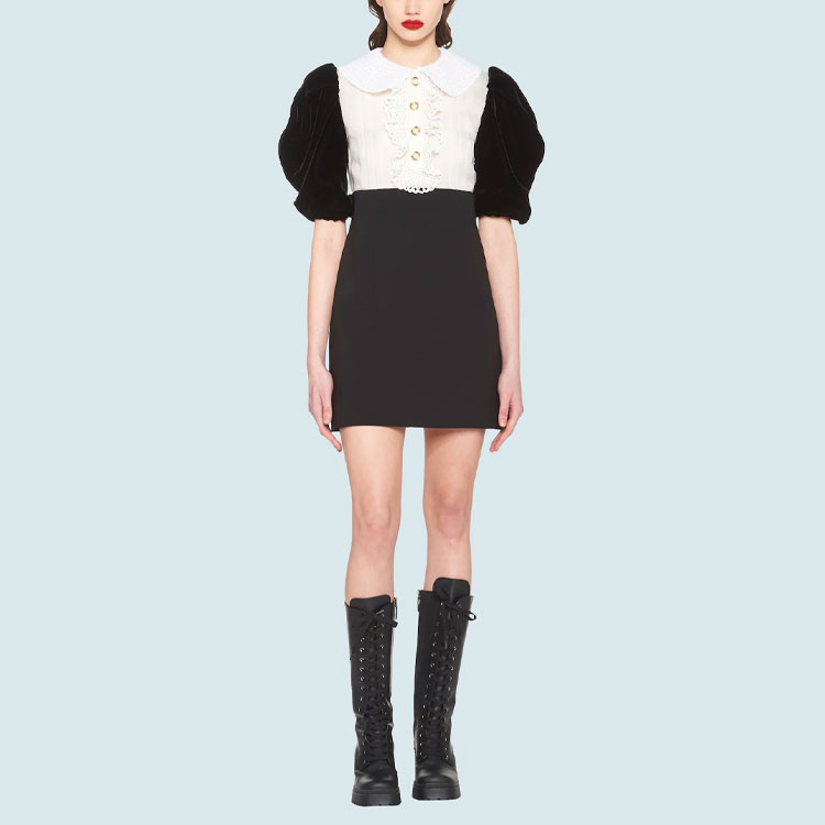 Lookbook (W) Miu Miu 2021秋冬黑色羊绒钩针泡泡袖迷你连衣裙. MF4304-1TF6-F0002