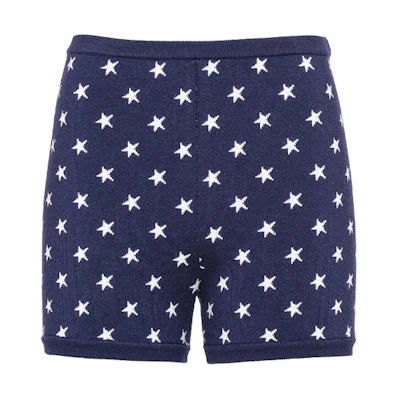 (Women) MIU MIU FW21 Blue Embroidered Logo Slim Knit Shorts. MMP167-1ZFC-F0008
