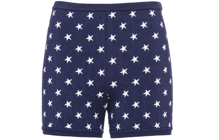 Order (W) MIU MIU FW21 Pantalones Cortos Ajustados de Punto Azul con Logo Bordado. MMP167-1ZFC-F0008