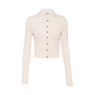 (Women) MIU MIU FW21 Cable Knit Cashmere Cardigan Sweater Women Beige MMF492-1ZAI-F0A48