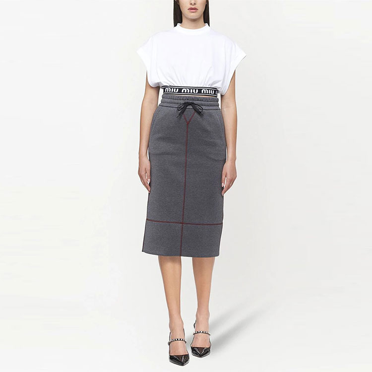 Lookbook (W) MIU MIU FW21 對比縫線純色灰色中長裙 女裝 - 灰色. MJD175-1QHY-F0480