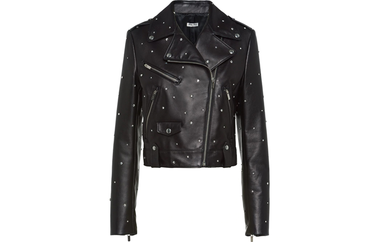 (Women) MIU MIU FW21 Crystal Studded Biker Jacket Black MPV71-1462-F0002