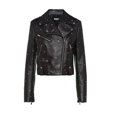 (Women) MIU MIU FW21 Crystal Studded Biker Jacket Black MPV71-1462-F0002