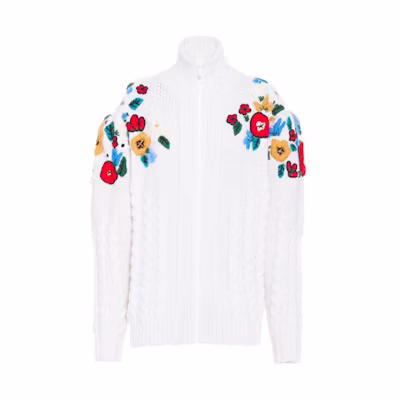 (Women) MIU MIU FW21 Floral Embroidery Zip Cardigan Sweater White MMF519-1ZIP-F0009