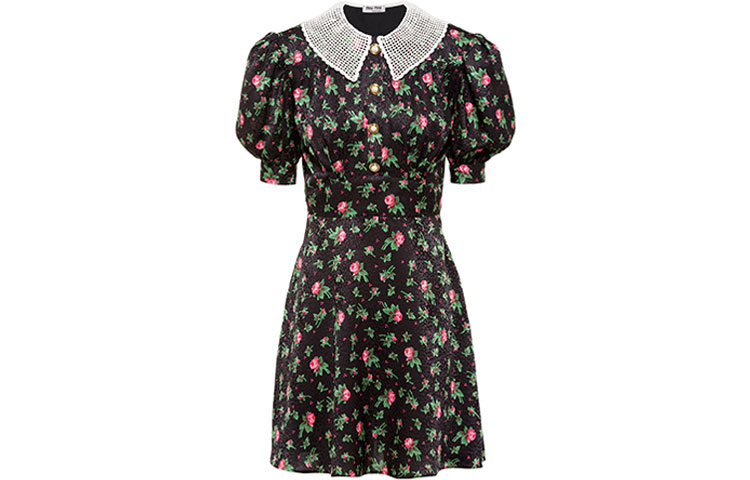 Order (W) MIU MIU FW21 黑色花卉印花缎面短袖连衣裙 MF4360-1MP7-F0002