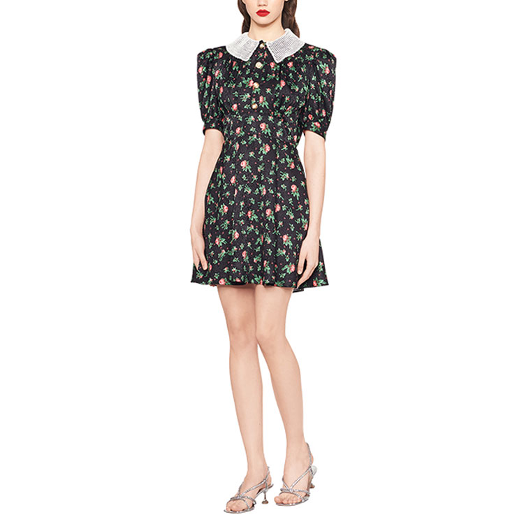 Lookbook (W) MIU MIU FW21 黑色花卉印花缎面短袖连衣裙 MF4360-1MP7-F0002