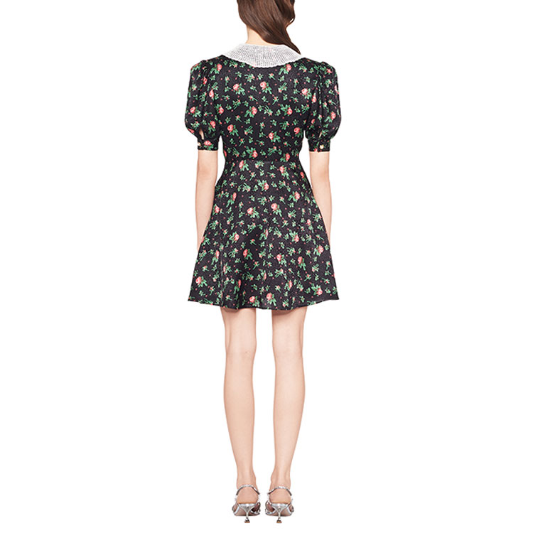 Shop (W) MIU MIU FW21 黑色花卉印花缎面短袖连衣裙 MF4360-1MP7-F0002