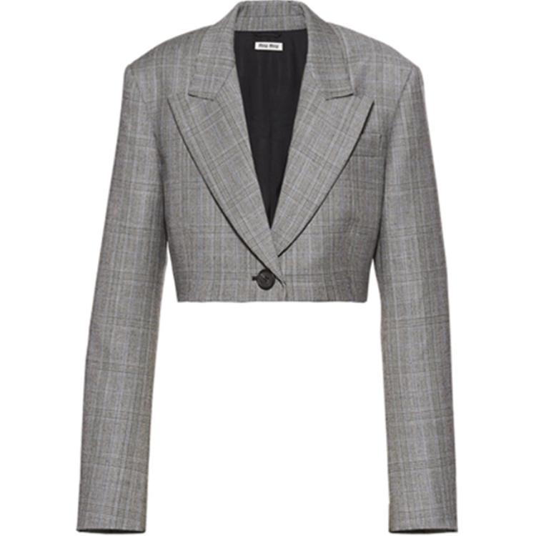 (Women) MIU MIU FW21 Grey Checkered Wool Cropped Jacket Long Sleeve MH1755-1Z96-F0031