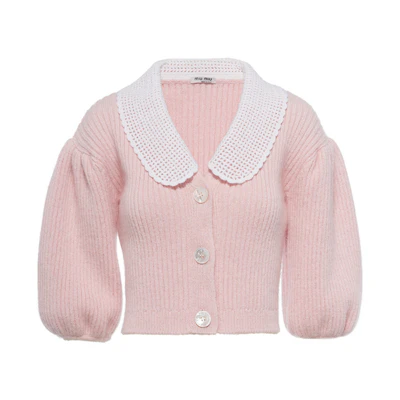 (Women) MIU MIU FW21 Pink Button-Up Long Sleeve Knit Cardigan. MMF487-1Y4L-F0E18