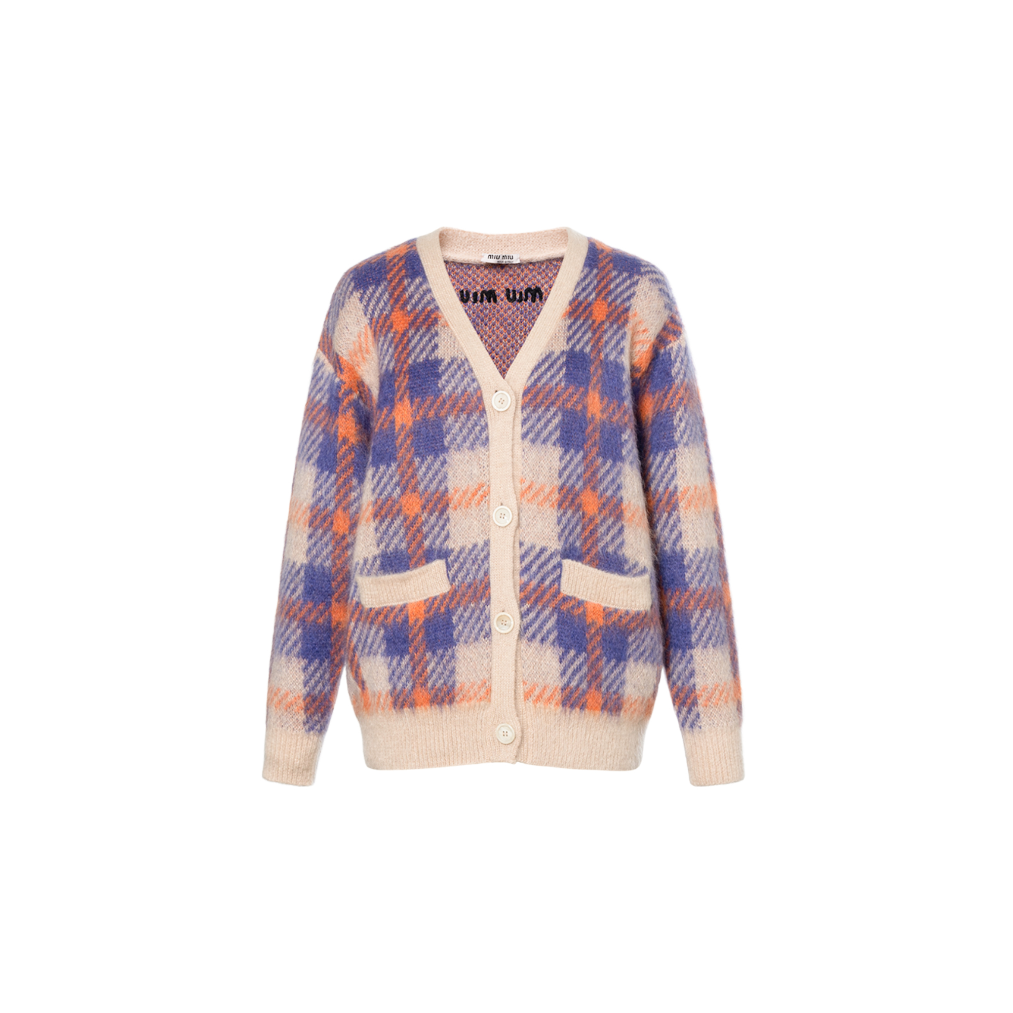 (Women) MIU MIU FW21 Plaid Mohair Oversized Knit Sweater Women’s Snow White. MMF502-1ZAS-F0627