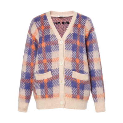 (Women) MIU MIU FW21 Plaid Mohair Oversized Knit Sweater Women’s Snow White. MMF502-1ZAS-F0627