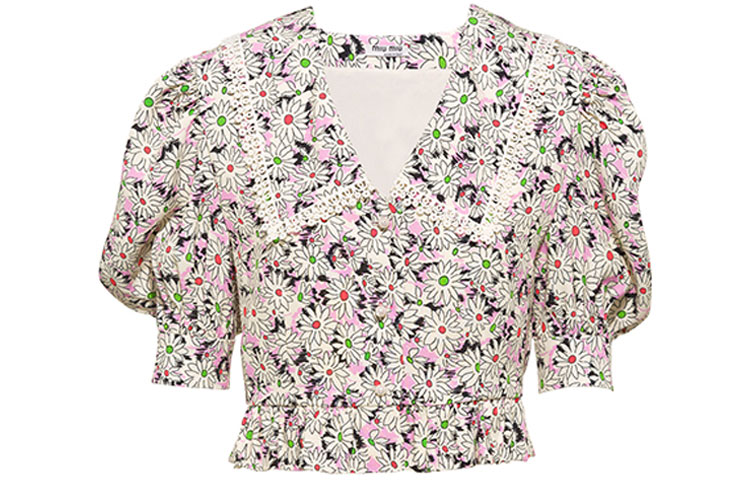 (Women) MIU MIU FW21 Sablé Floral Printed Sunscreen Shirt Multicolor Top. MT1687-1ZP6-F0BDK