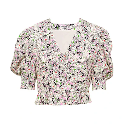 (Women) MIU MIU FW21 Sablé Floral Printed Sunscreen Shirt Multicolor Top. MT1687-1ZP6-F0BDK