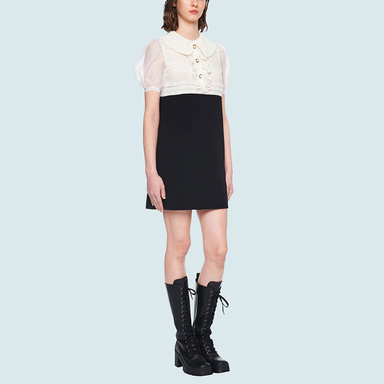 Lookbook (W) MIU MIU 秋冬21 缎面黑白拼色短袖连衣裙 MF4333-1TF6-F0002