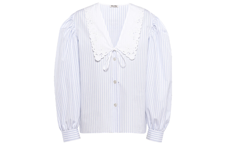 (Women) MIU MIU FW21 Striped Sunscreen Shirt Light Blue MK1565-Z58-F0M10