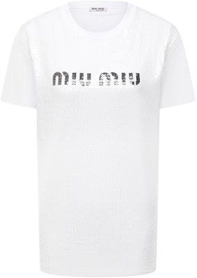(Women) MIU MIU FW21 White Logo Crewneck Short Sleeve T-Shirt MJN319-1ZSB-F0009 Buy (Women) MIU MIU FW21 White Logo Crewneck Short Sleeve T-Shirt MJN319-1ZSB-F0009