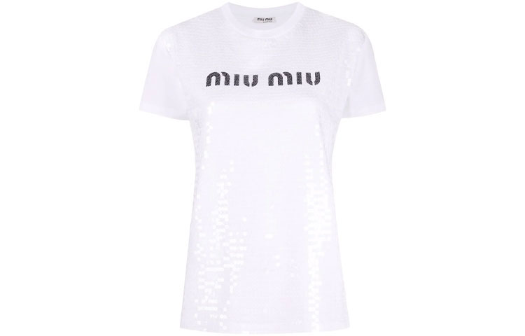 Order (Women) MIU MIU FW21 White Logo Crewneck Short Sleeve T-Shirt MJN319-1ZSB-F0009