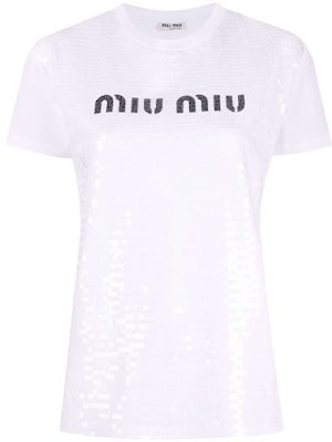 (Women) MIU MIU FW21 White Logo Crewneck Short Sleeve T-Shirt MJN319-1ZSB-F0009 Order (Women) MIU MIU FW21 White Logo Crewneck Short Sleeve T-Shirt MJN319-1ZSB-F0009