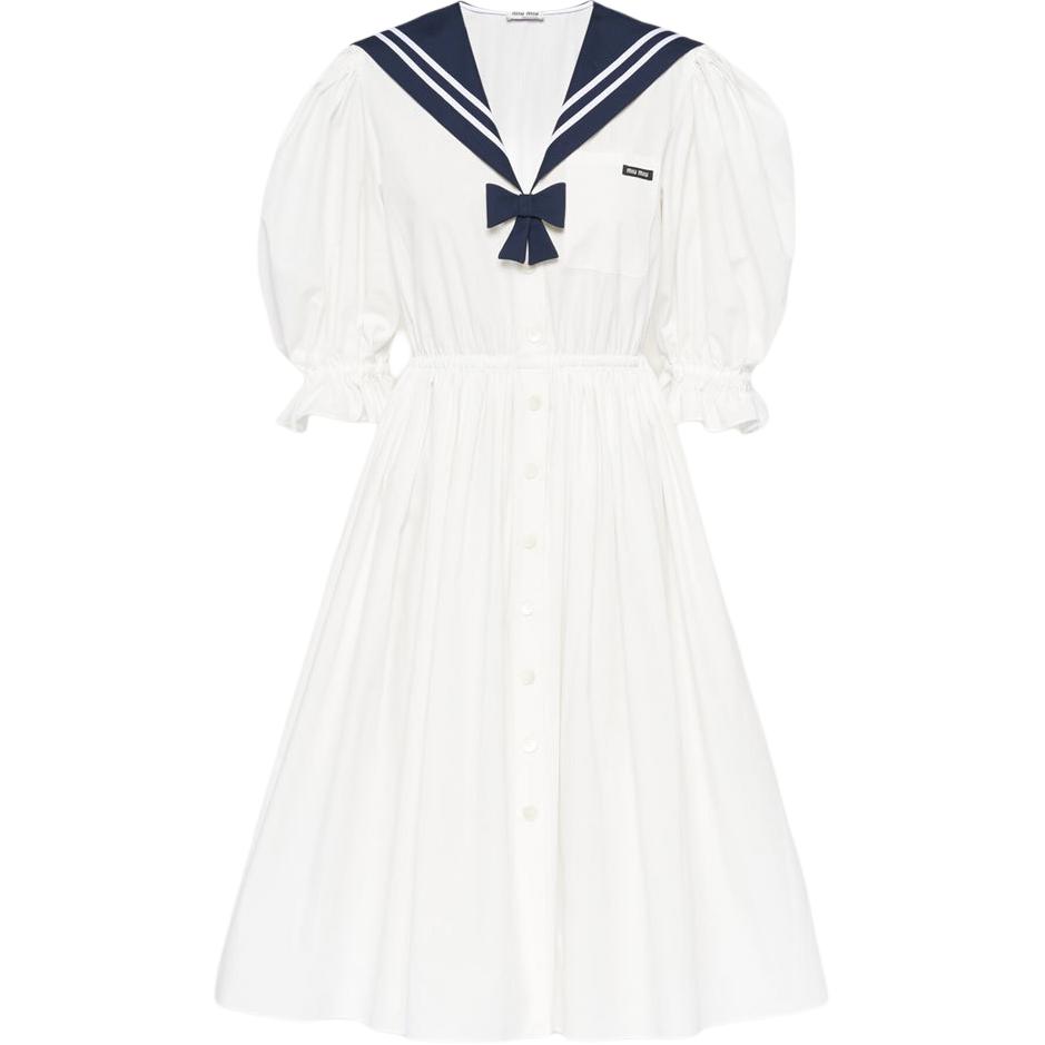 (Women) MIU MIU FW21 White Short-Sleeve A-Line Navy Collar Dress. MF4290-819-F0009