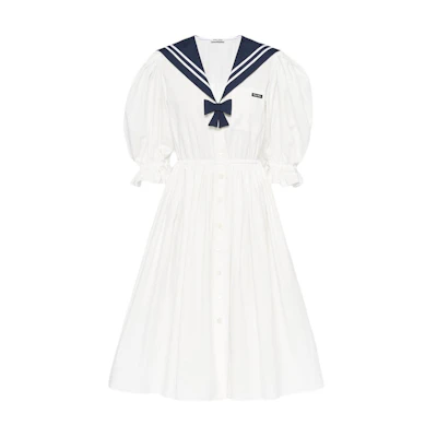 (Women) MIU MIU FW21 White Short-Sleeve A-Line Navy Collar Dress. MF4290-819-F0009