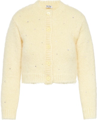 (W) MIU MIU FW21 Kuning Cardigan Bulu Dihias Kristal. MMF383-1UGJ-F0032 Buy (W) MIU MIU FW21 Kuning Cardigan Bulu Dihias Kristal. MMF383-1UGJ-F0032