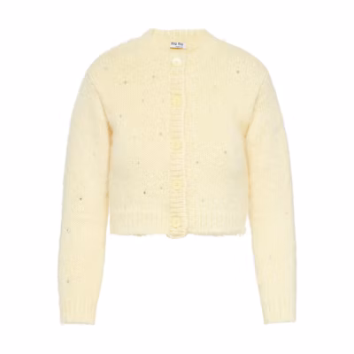 (Women) MIU MIU FW21 Yellow Crystal Embellished Wool Cardigan Sweater. MMF383-1UGJ-F0032
