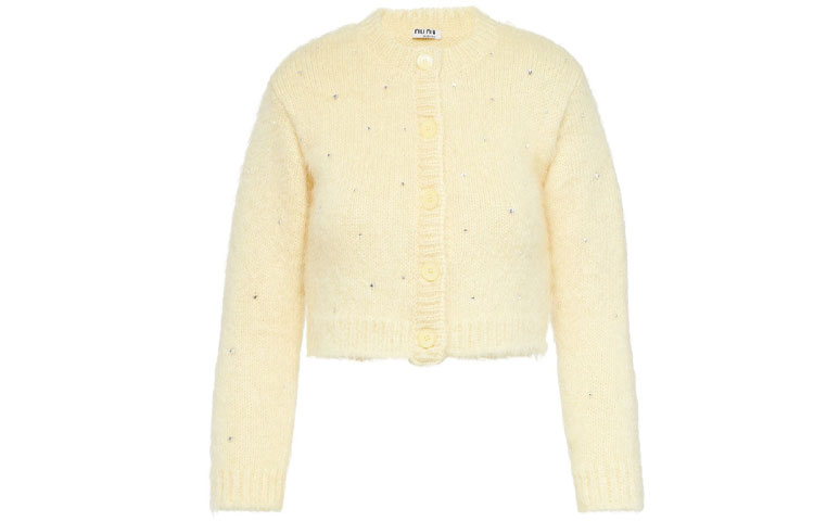 Order (W) MIU MIU FW21 Kuning Cardigan Bulu Dihias Kristal. MMF383-1UGJ-F0032