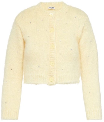 (W) MIU MIU FW21 Kuning Cardigan Bulu Dihias Kristal. MMF383-1UGJ-F0032 Order (W) MIU MIU FW21 Kuning Cardigan Bulu Dihias Kristal. MMF383-1UGJ-F0032
