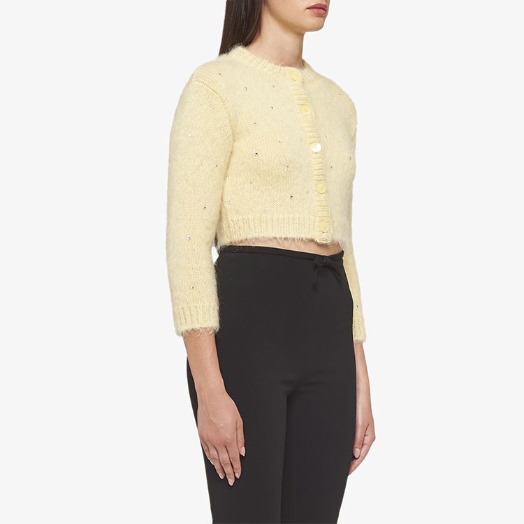 Purchase (W) MIU MIU FW21 Kuning Cardigan Bulu Dihias Kristal. MMF383-1UGJ-F0032