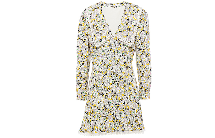 (Women) MIU MIU FW21 Yellow V-Neck Printed A-Line Long Sleeve Dress Women’s. MF4366-1ZP6-F0010