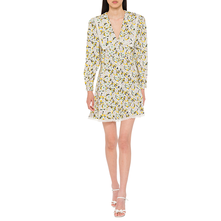 Shop (W) MIU MIU 2021秋冬黄V领印花长袖A字连衣裙女装。 MF4366-1ZP6-F0010