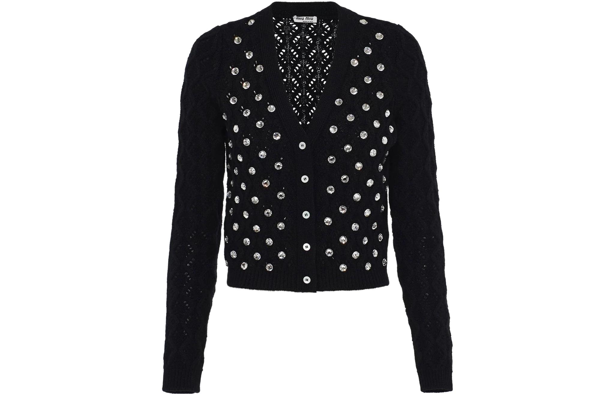 (Women) MIU MIU FW22  Black Cashmere Cardigan with Crystal Embellishments. MMF377-1YA5-F0002
