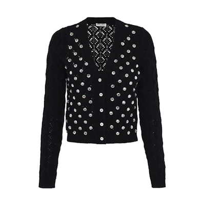 (Women) MIU MIU FW22 Black Cashmere Cardigan with Crystal Embellishments. MMF377-1YA5-F0002